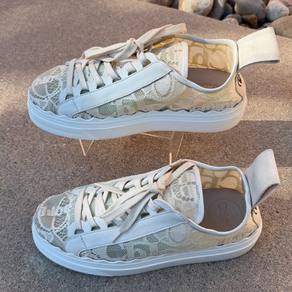 Chloé Lauren Low Top Round Toe Lace Comfort Sneaker Mild Beige Women EU 37 Spain - Picture 3 of 17
